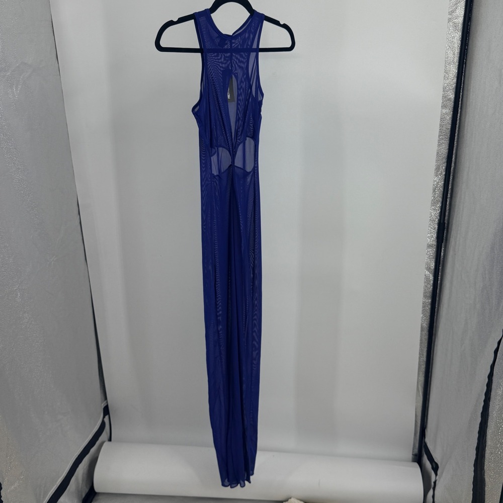 PrettyLittleThing Blue Mesh Cut Out Beach Dress US 4 Maxi Coverup Sheer Swim